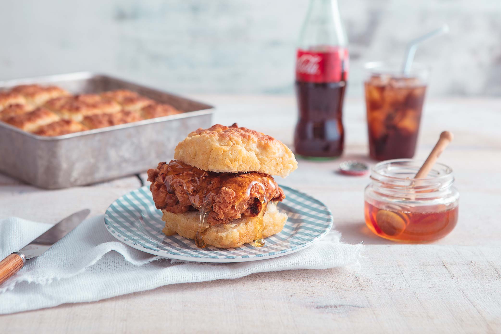 Fried Chicken And Biscuit with rosemary honey photographed with the Canon 24-70mm f2.8 Zoom